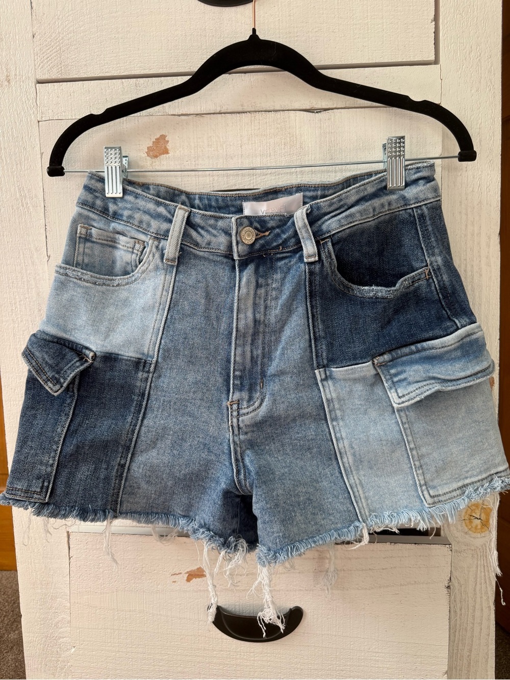 Vervet Blue Cargo Patchwork Denim Shorts Medium NWOT Boutique
